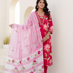 Pink Printed Cotton Straight Suit Set With Dupatta