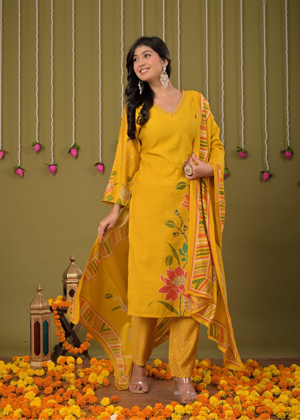 Pink Printed Cotton Straight Suit Set With Dupatta - Image 10