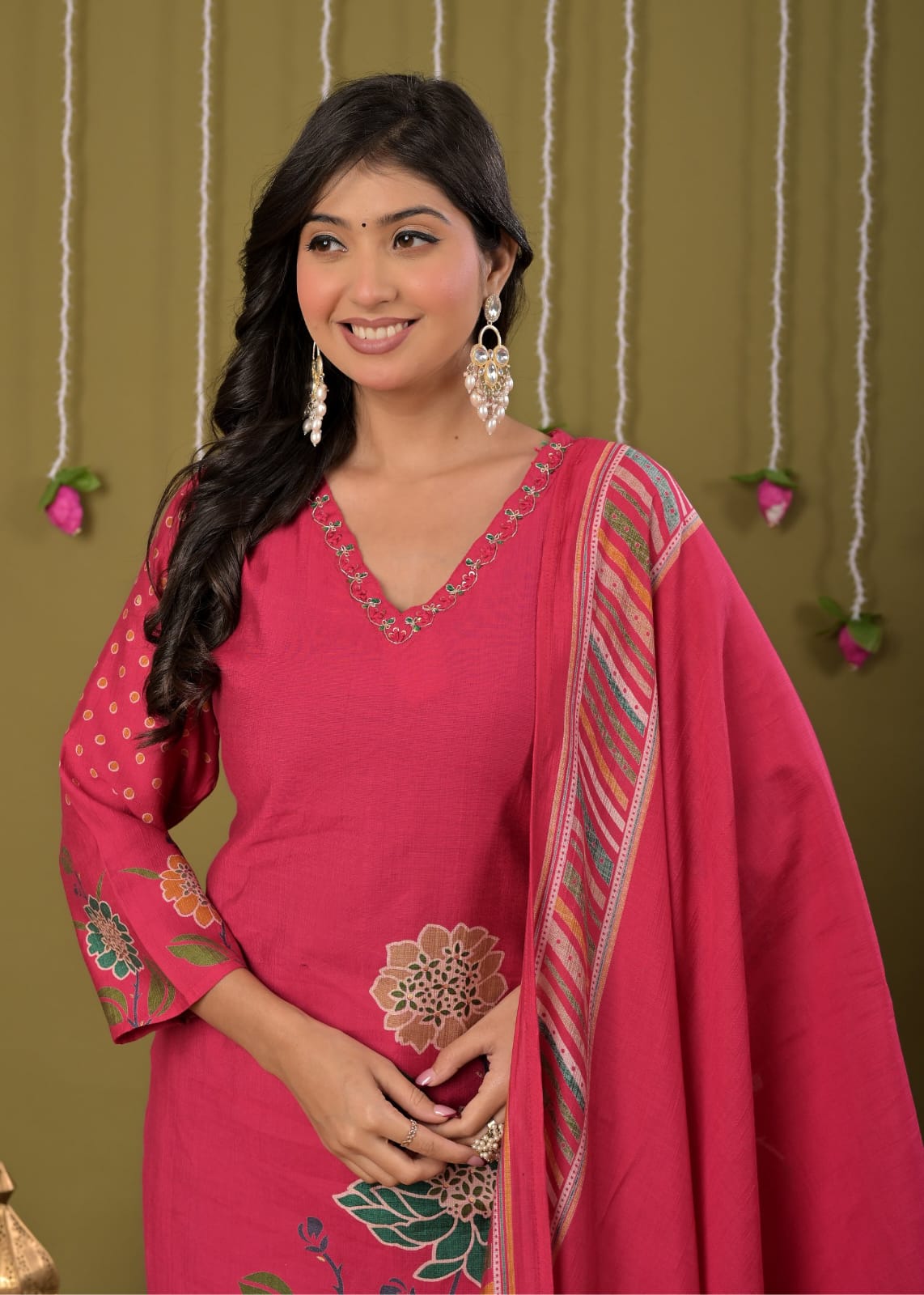 Pink Printed Cotton Straight Suit Set With Dupatta - Image 6