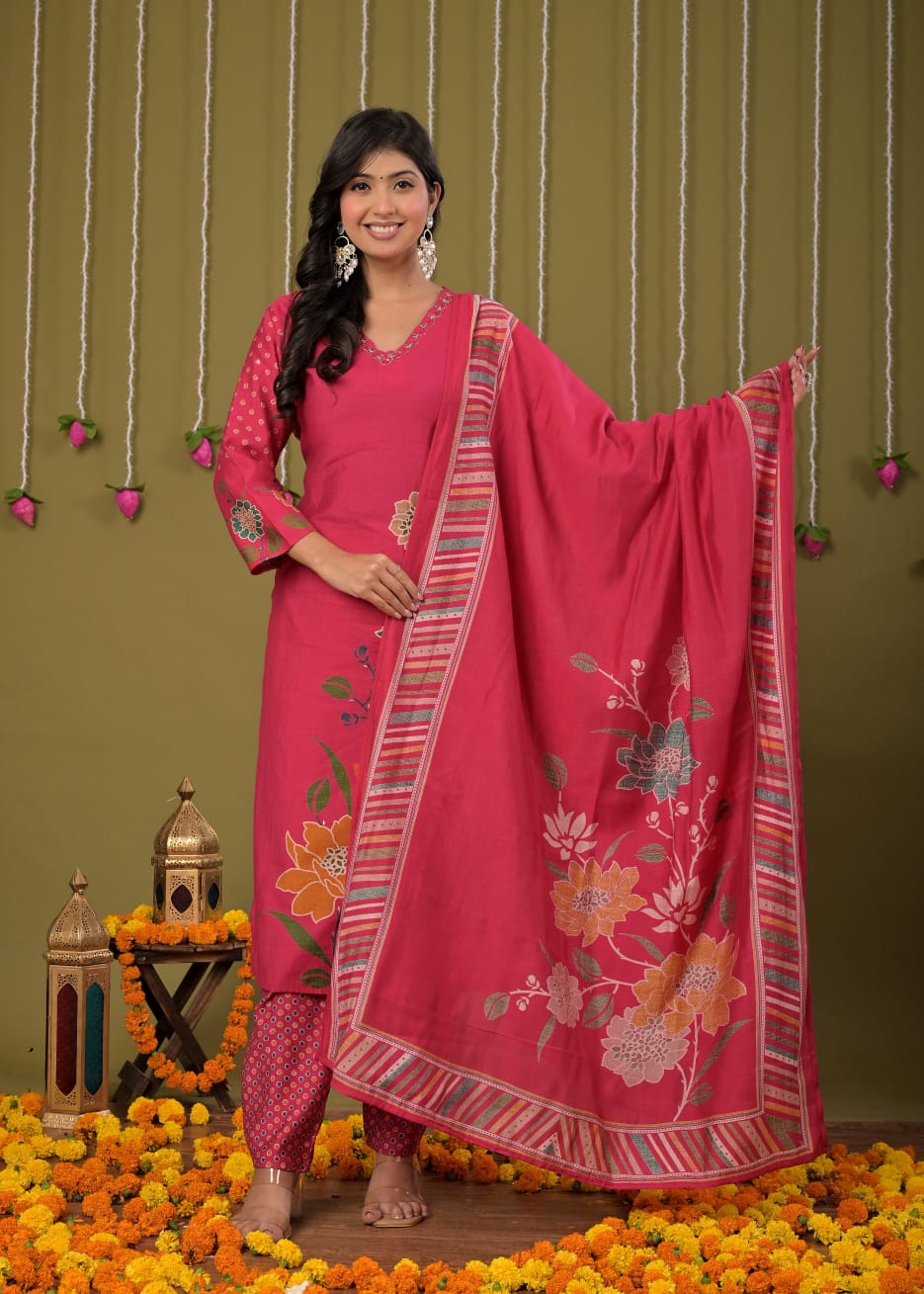 Pink Printed Cotton Straight Suit Set With Dupatta - Image 5