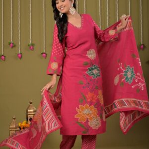 Pink Printed Cotton Straight Suit Set With Dupatta