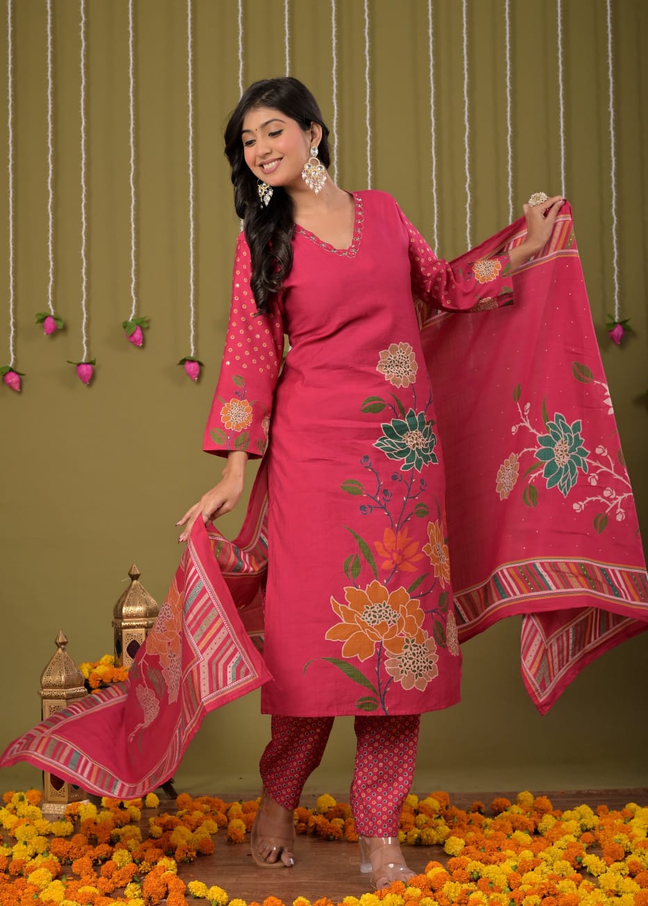 Pink Printed Cotton Straight Suit Set With Dupatta