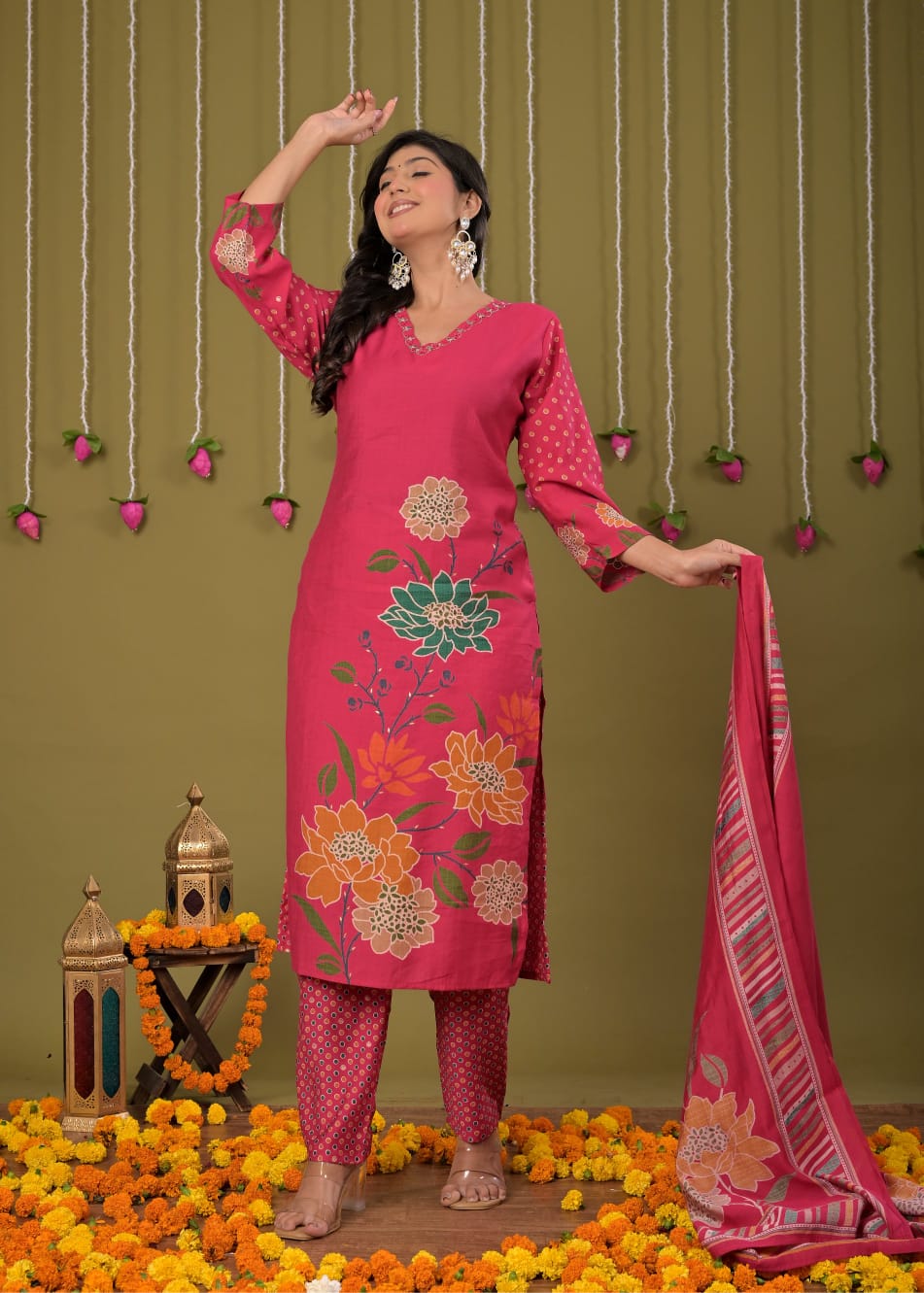 Pink Printed Cotton Straight Suit Set With Dupatta - Image 2