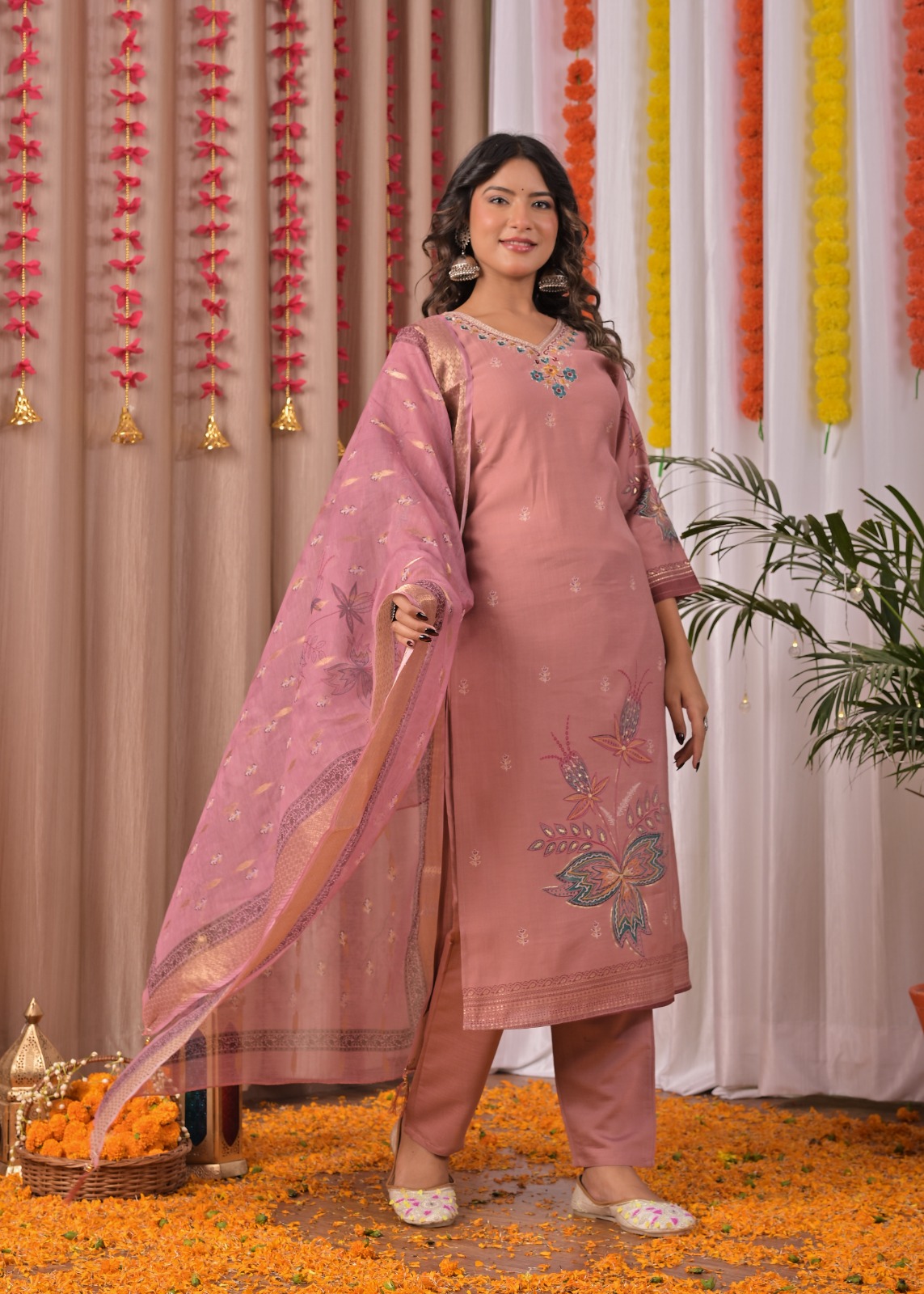 Pink Printed Cotton Straight Suit Set With Dupatta - Image 2