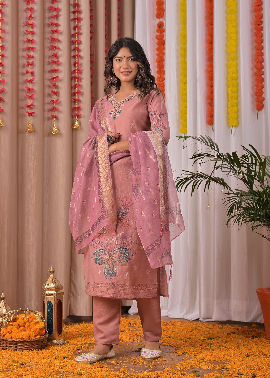 Pink Printed Cotton Straight Suit Set With Dupatta - Image 3