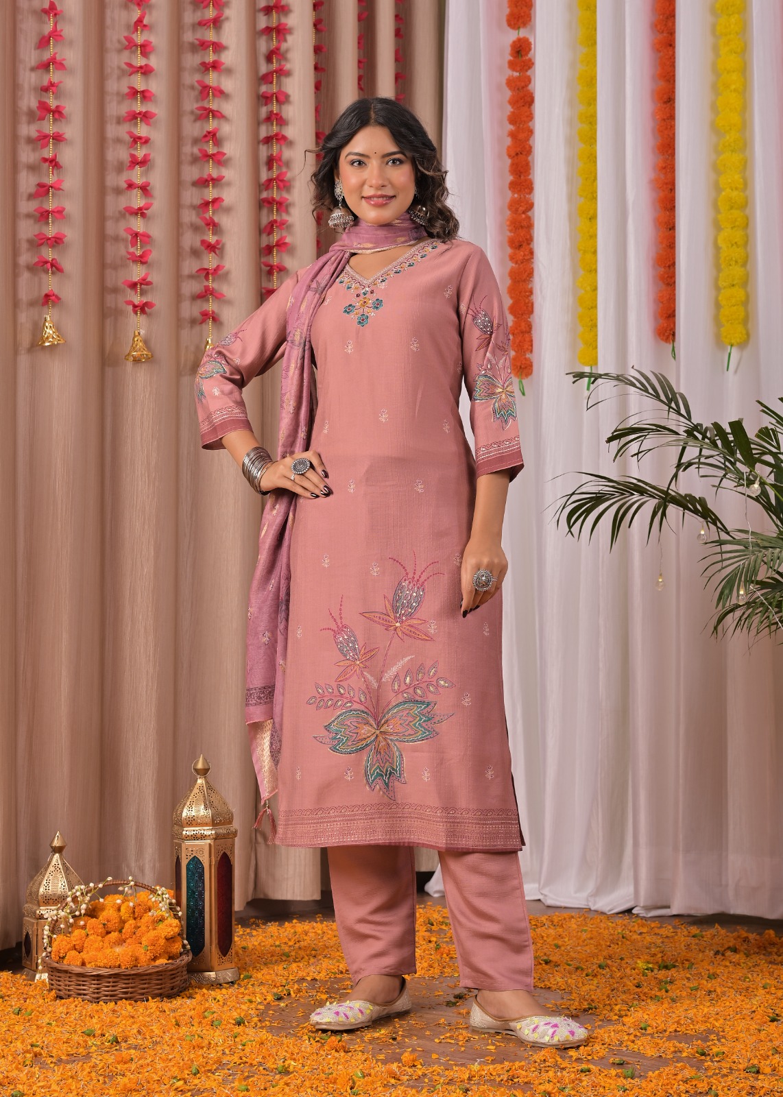 Pink Printed Cotton Straight Suit Set With Dupatta