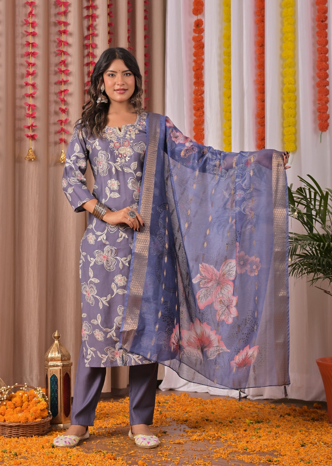 Pink Printed Cotton Straight Suit Set With Dupatta - Image 2
