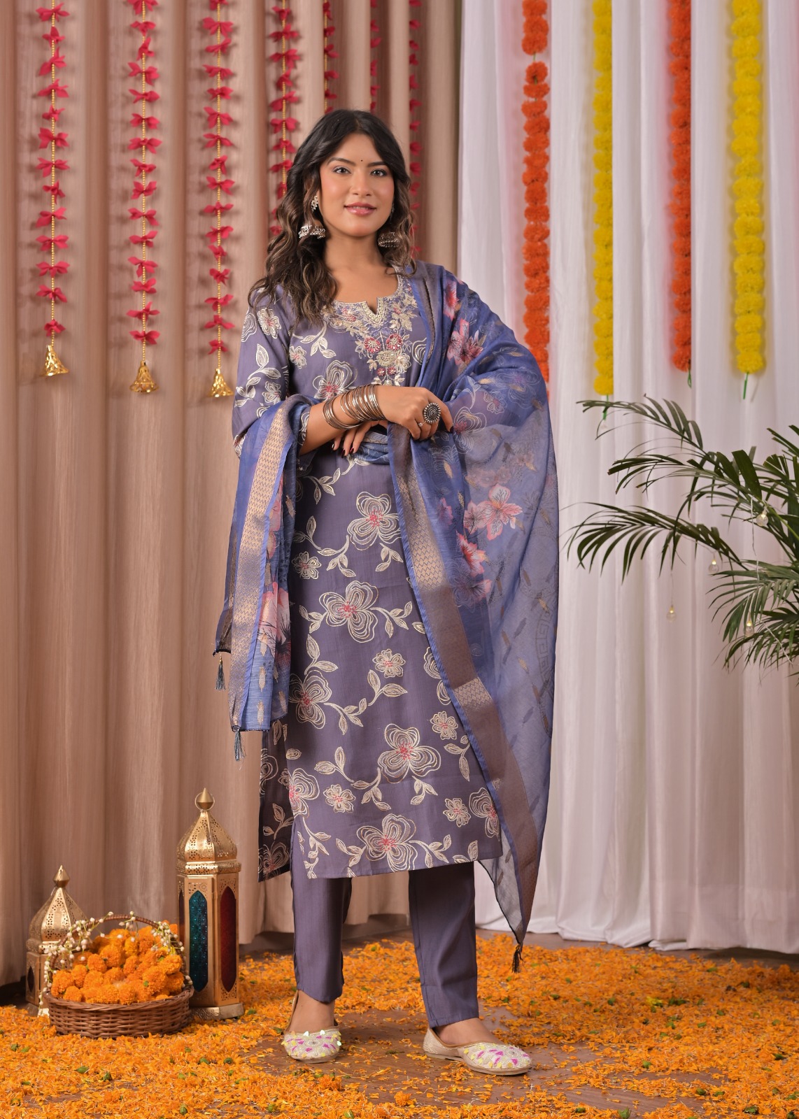 Pink Printed Cotton Straight Suit Set With Dupatta - Image 3