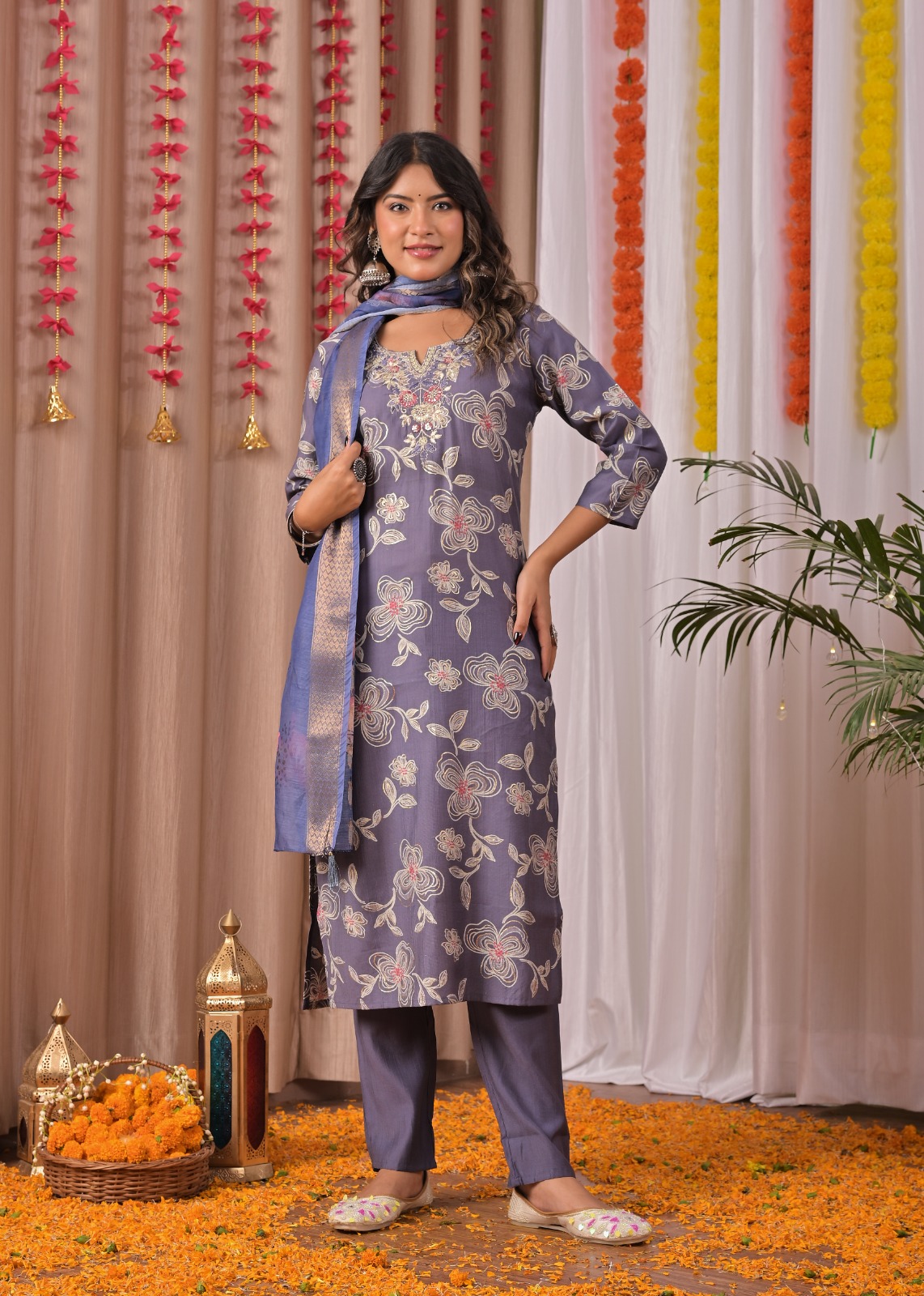 Pink Printed Cotton Straight Suit Set With Dupatta - Image 4