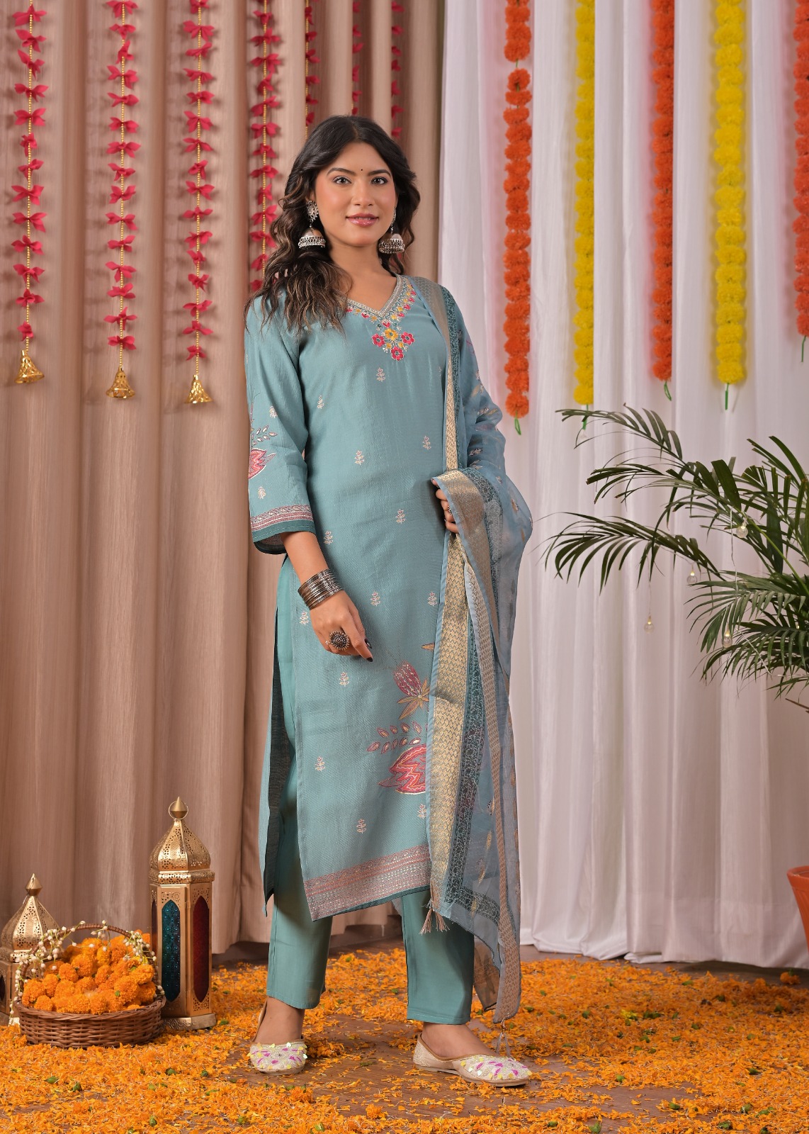 Sky Blue Printed Cotton Straight Suit Set With Dupatta - Image 2