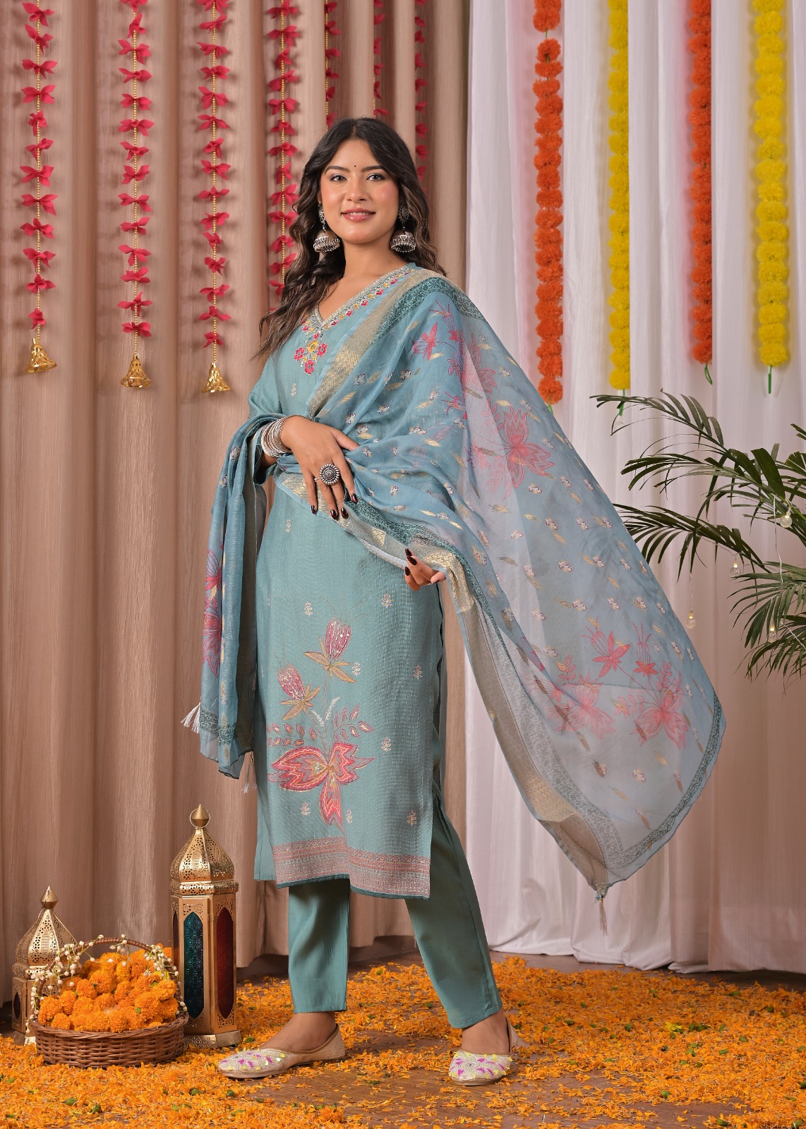 Sky Blue Printed Cotton Straight Suit Set With Dupatta - Image 3