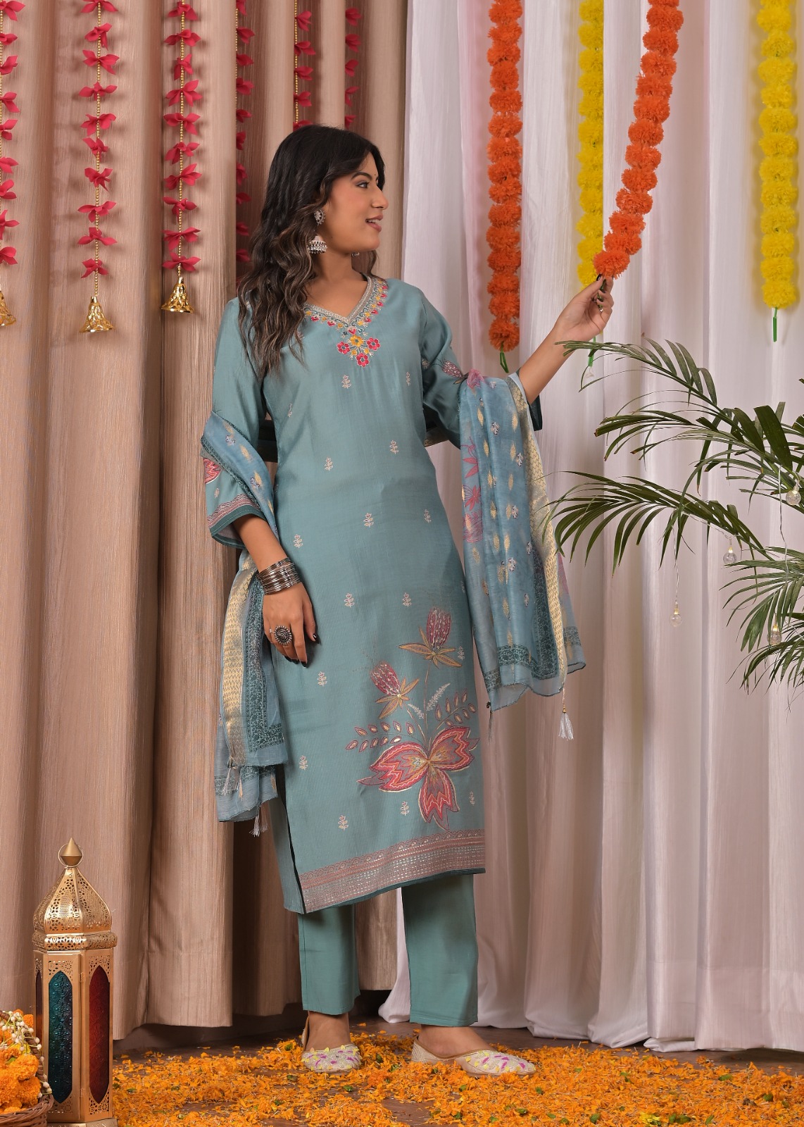 Sky Blue Printed Cotton Straight Suit Set With Dupatta - Image 4