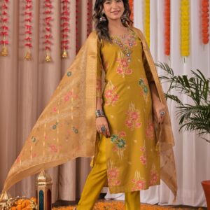 Mustard Printed Cotton Straight Suit Set With Dupatta