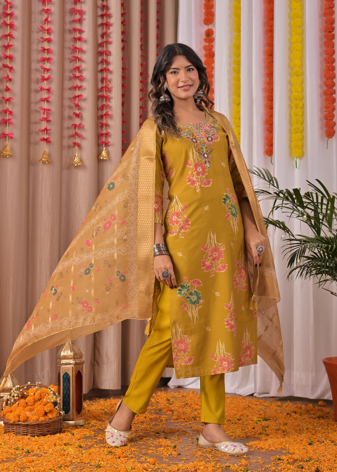 Mustard Printed Cotton Straight Suit Set With Dupatta