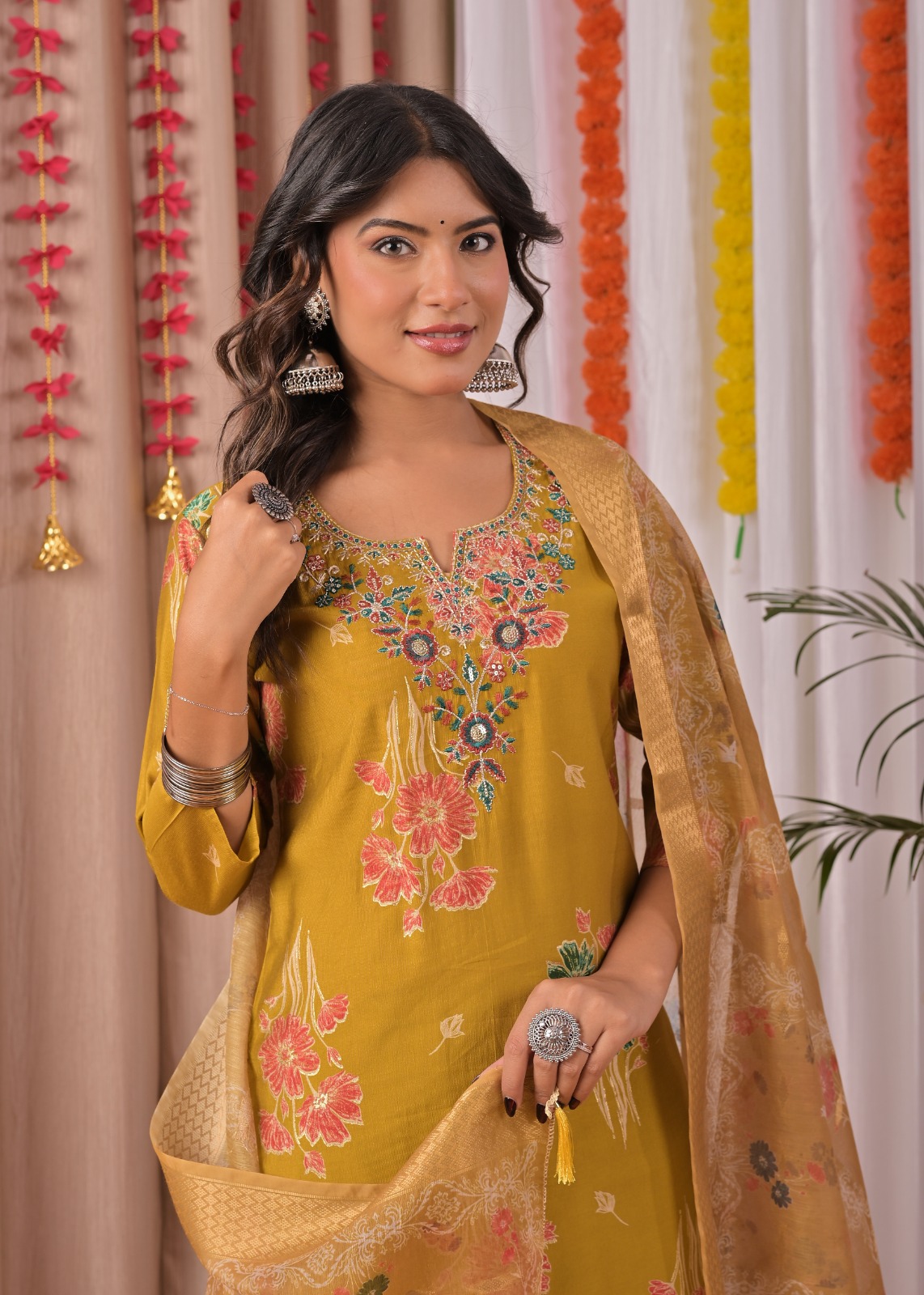 Mustard Printed Cotton Straight Suit Set With Dupatta - Image 3