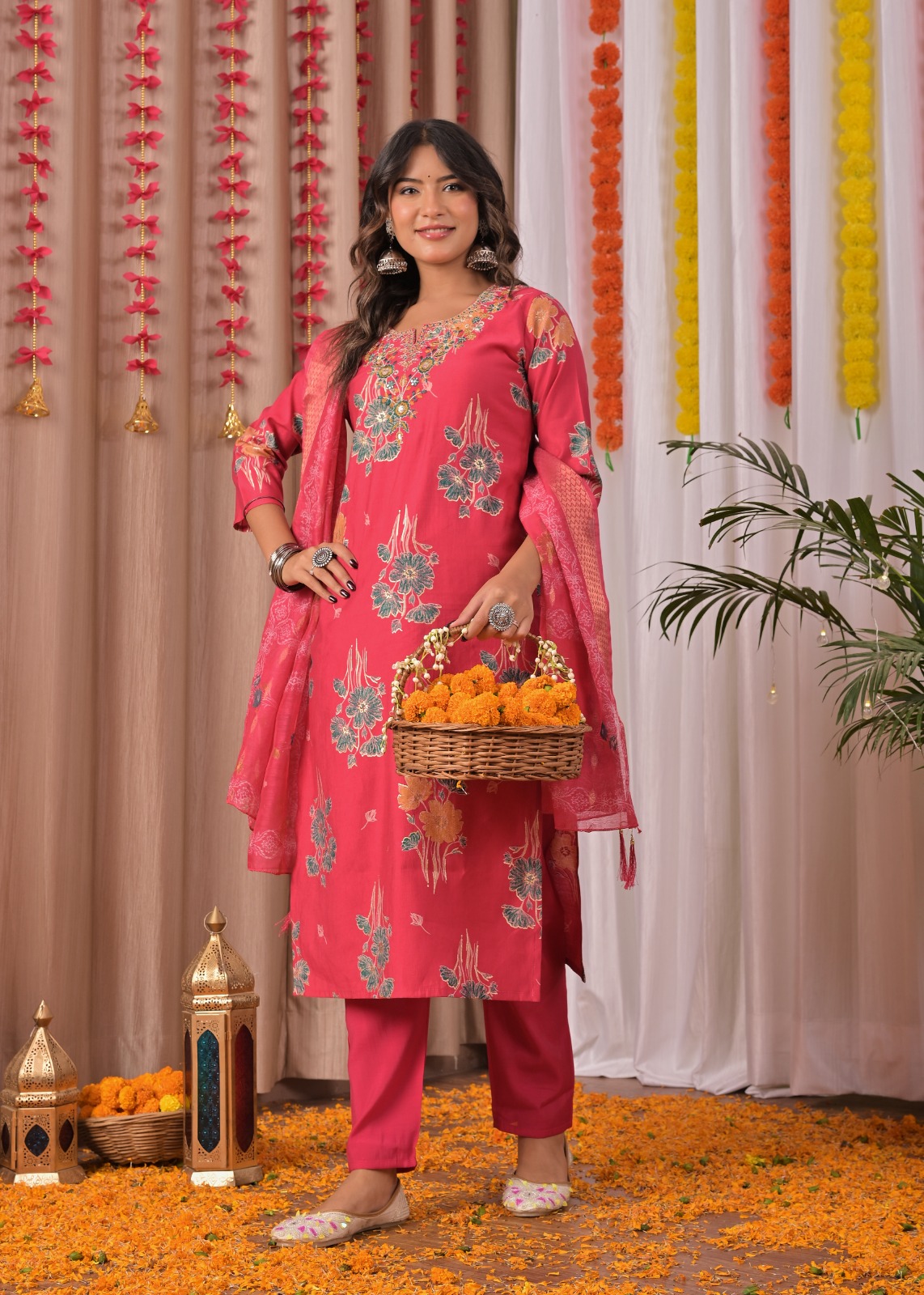 Pink Printed Cotton Straight Suit Set With Dupatta