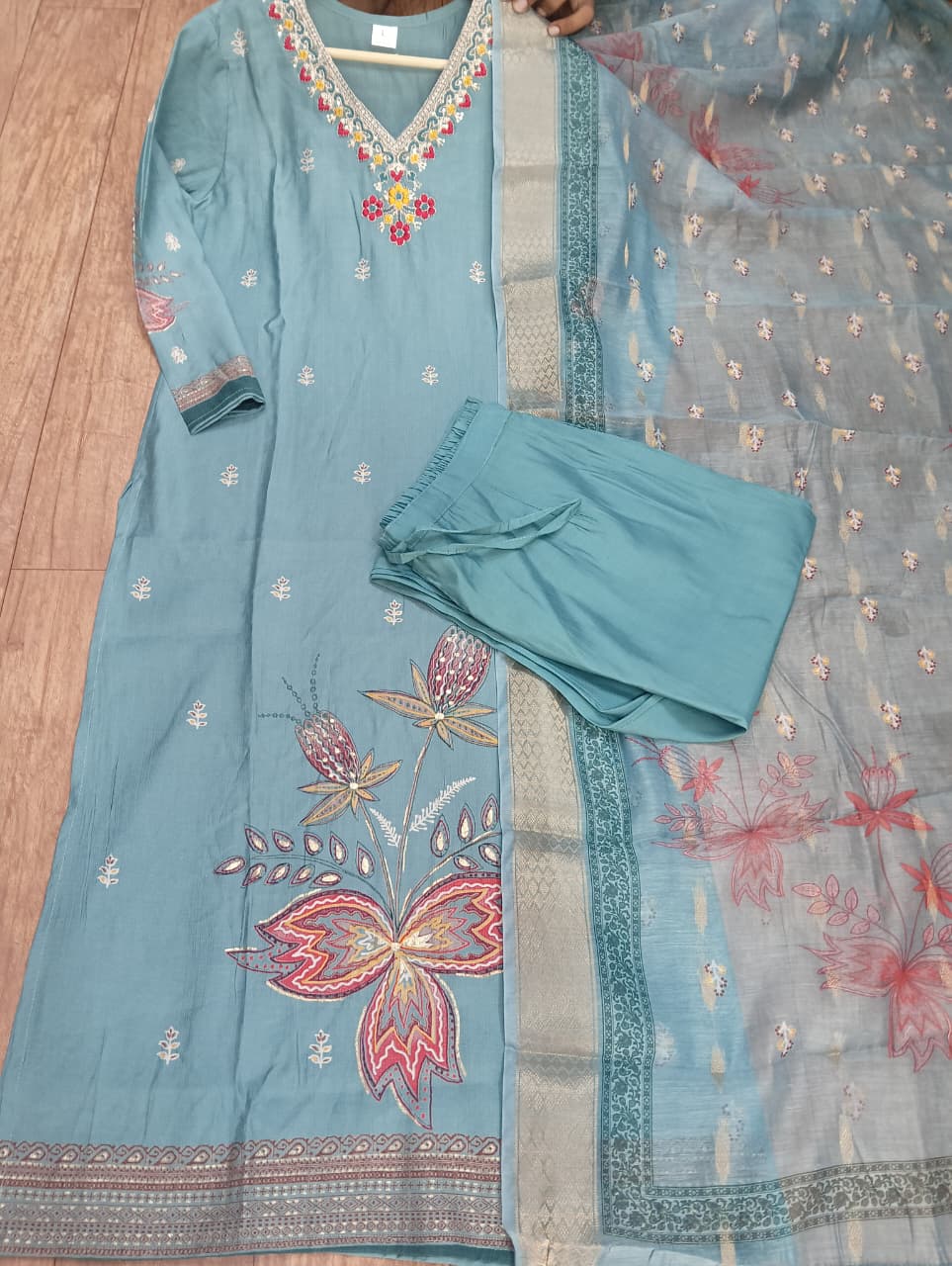 Sky Blue Printed Cotton Straight Suit Set With Dupatta - Image 6