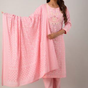 Baby Pink Printed Cotton Straight Suit Set With Dupatta