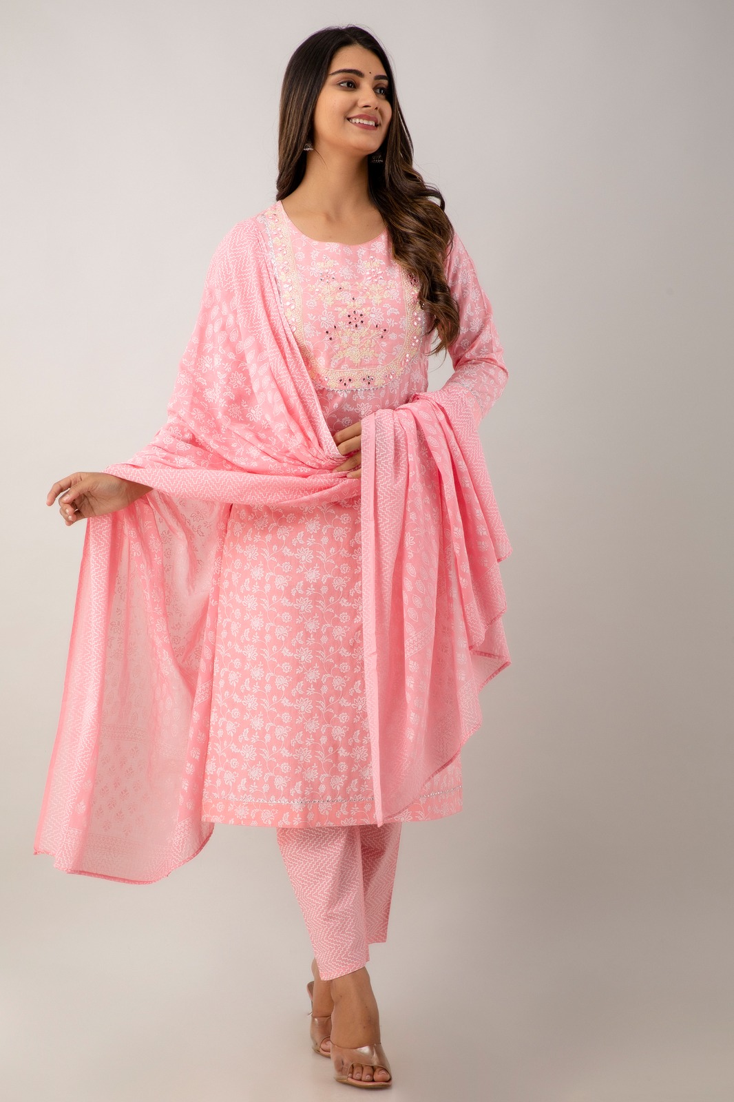 Baby Pink Printed Cotton Straight Suit Set With Dupatta - Image 2