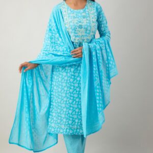 Sky Blue Pink Printed Cotton Straight Suit Set With Dupatta