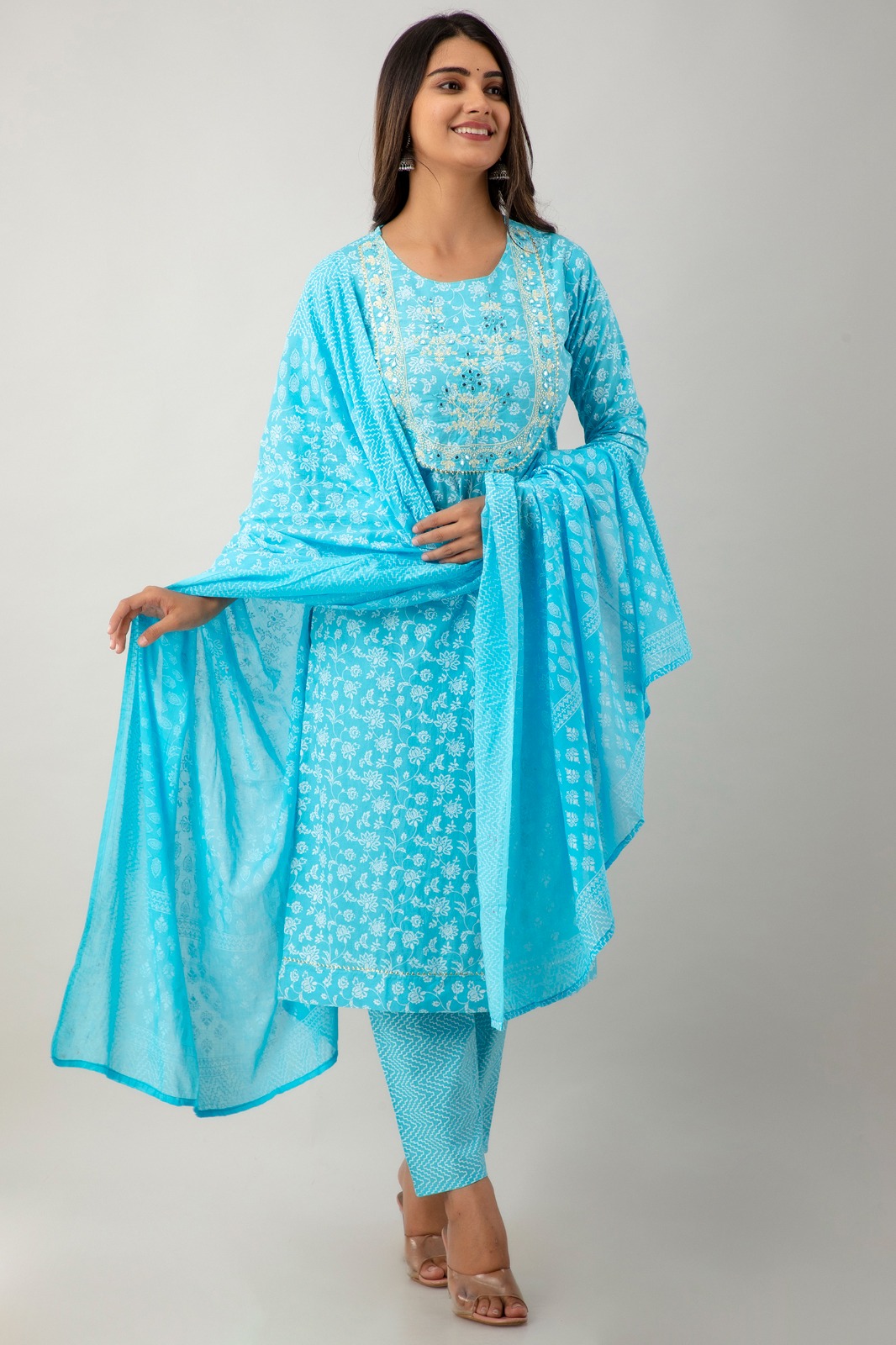 Sky Blue Pink Printed Cotton Straight Suit Set With Dupatta