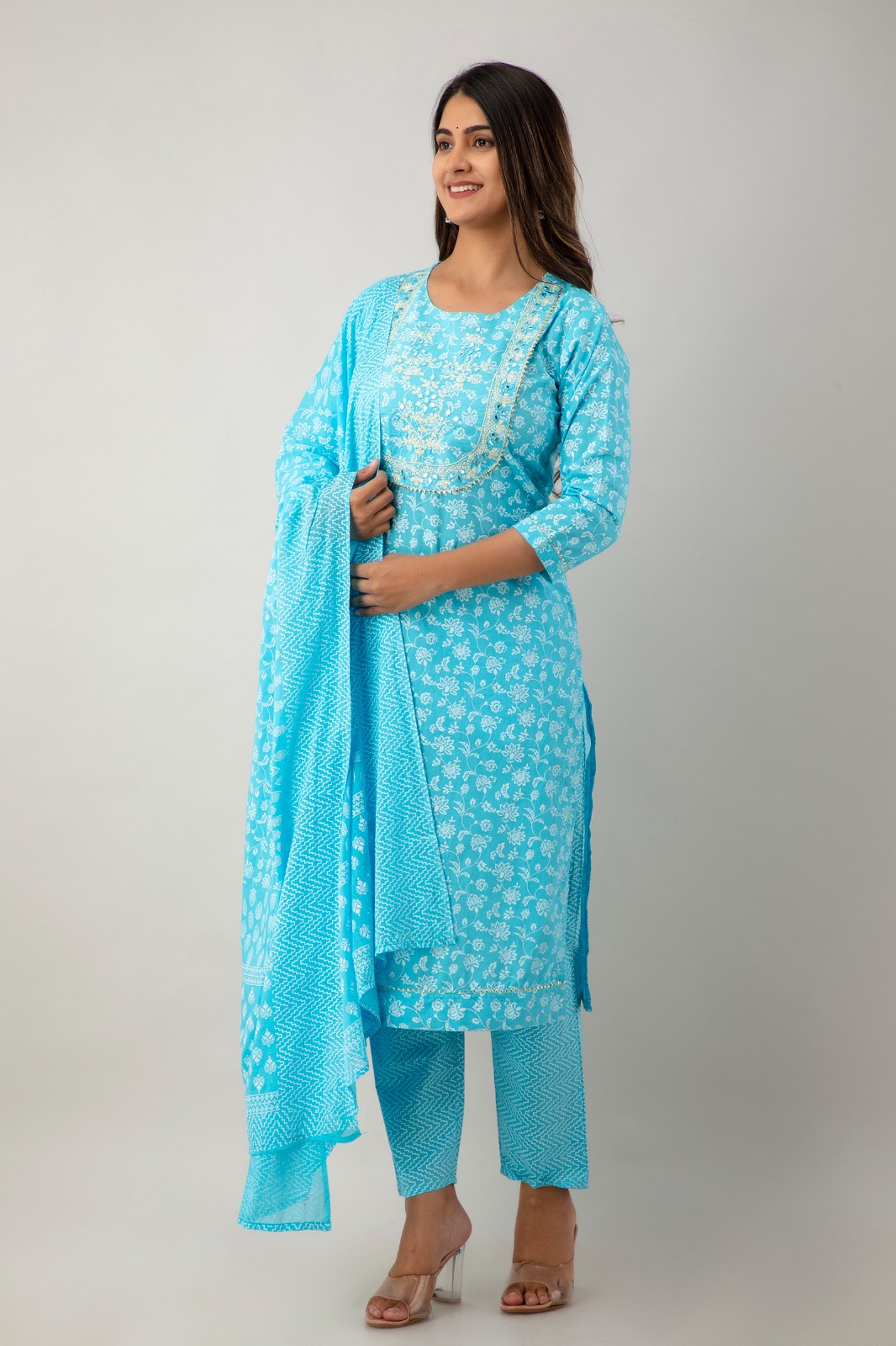 Sky Blue Pink Printed Cotton Straight Suit Set With Dupatta - Image 3