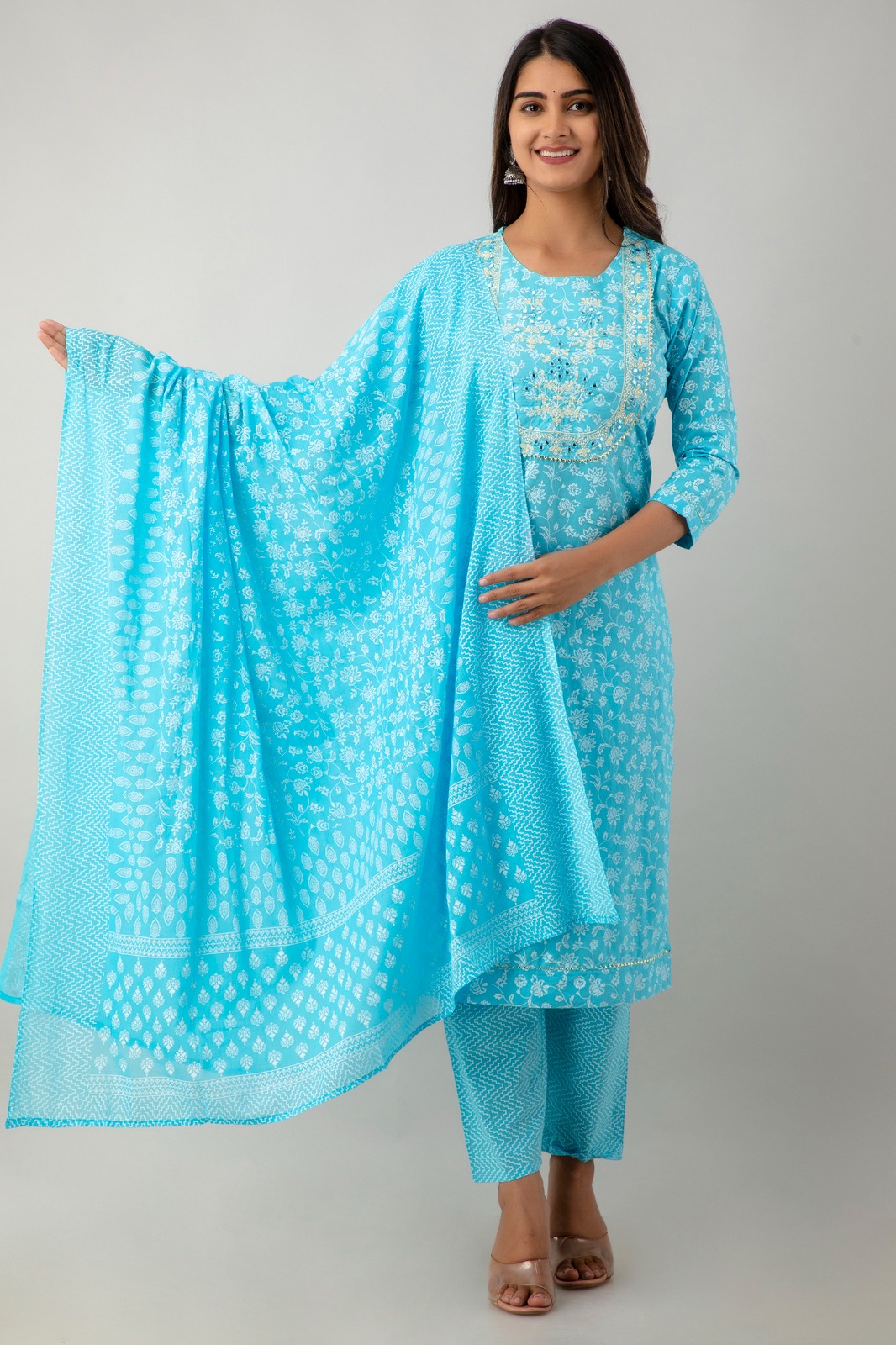 Sky Blue Pink Printed Cotton Straight Suit Set With Dupatta - Image 4